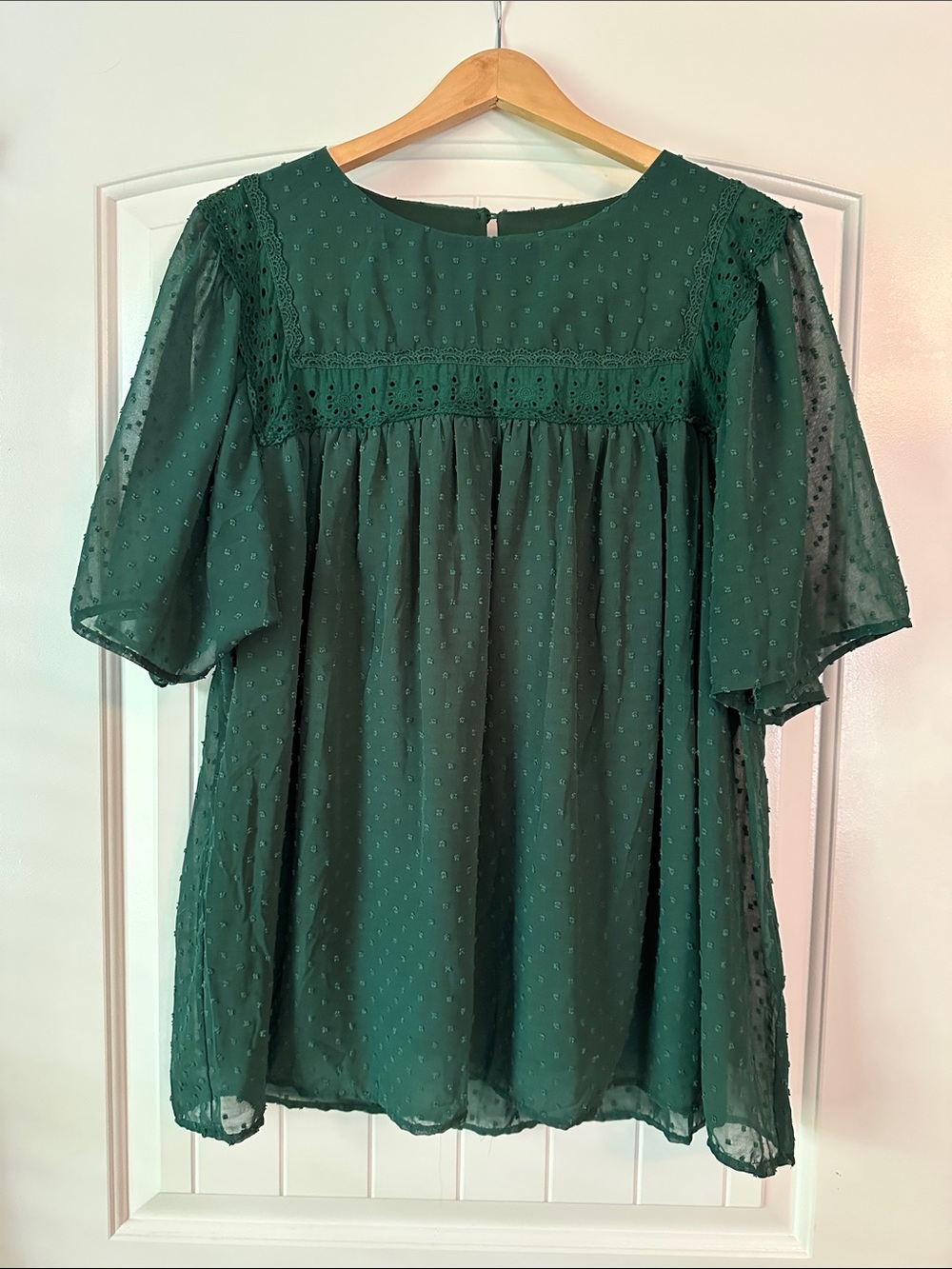 Women’s Green Swiss Dot Crochet Yoke Blouse